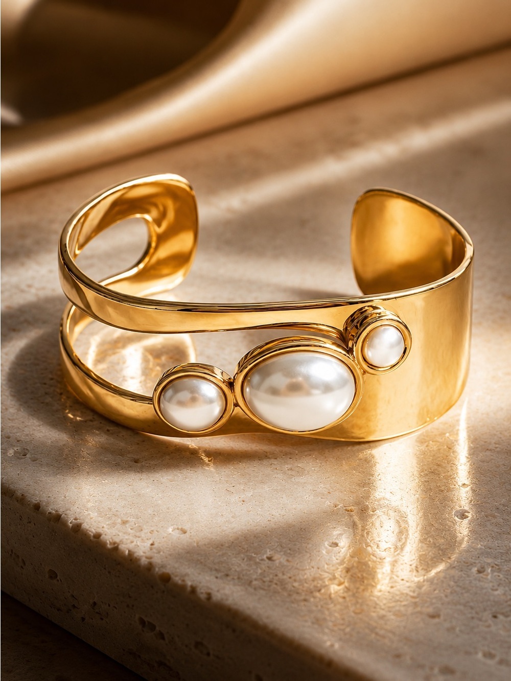 Vintage 18 K Gold plated Cuff Bracelet with Pearl Accents - Picture 5 of 14